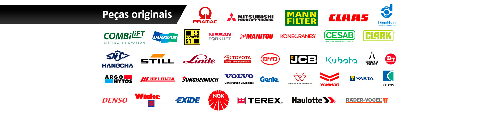 Peças para empilhadores e porta paletes, máquinas de construção, máquinas agrícolas